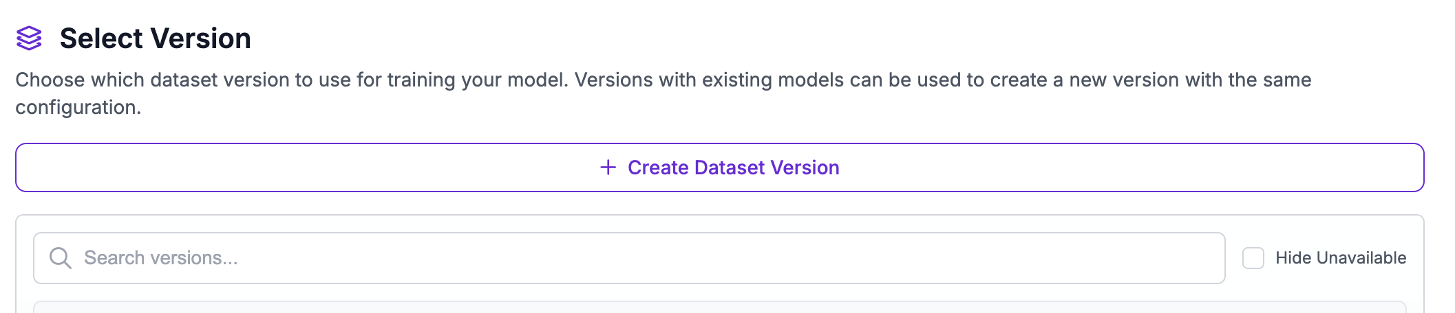 Dataset version selector for a NAS training run.
