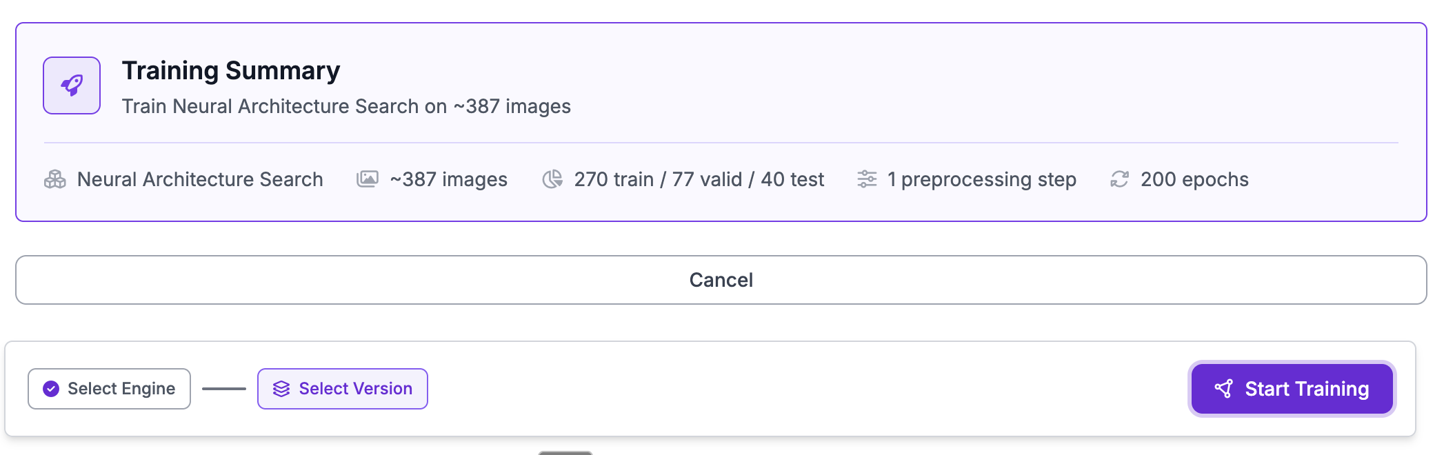 Start Training button on the NAS configuration page.